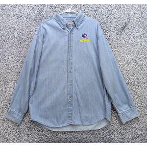 VTG Minnesota Vikings Embroidered Denim Button Up Shirt Size LG 90s Baggy Blue